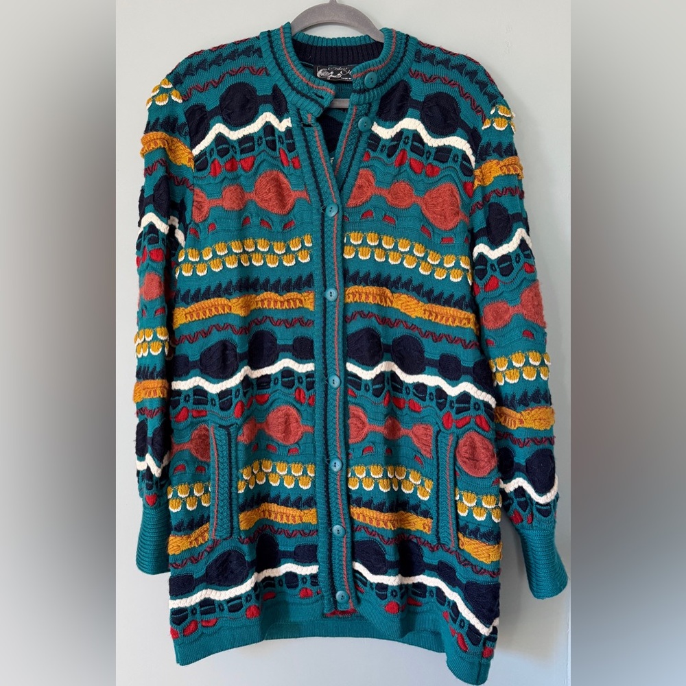Vintage 80s/90s Oskar Haug Irish Wool Multicolor Chunky‎ Knit Cardigan Medium